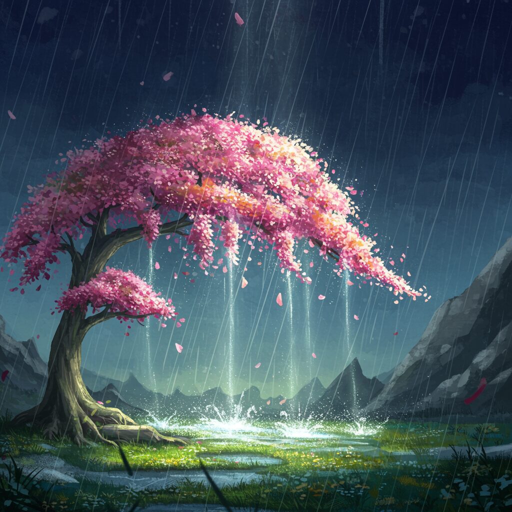 A whimsical and enchanting image representing unique weather phenomena in a fantasy RPG setting.