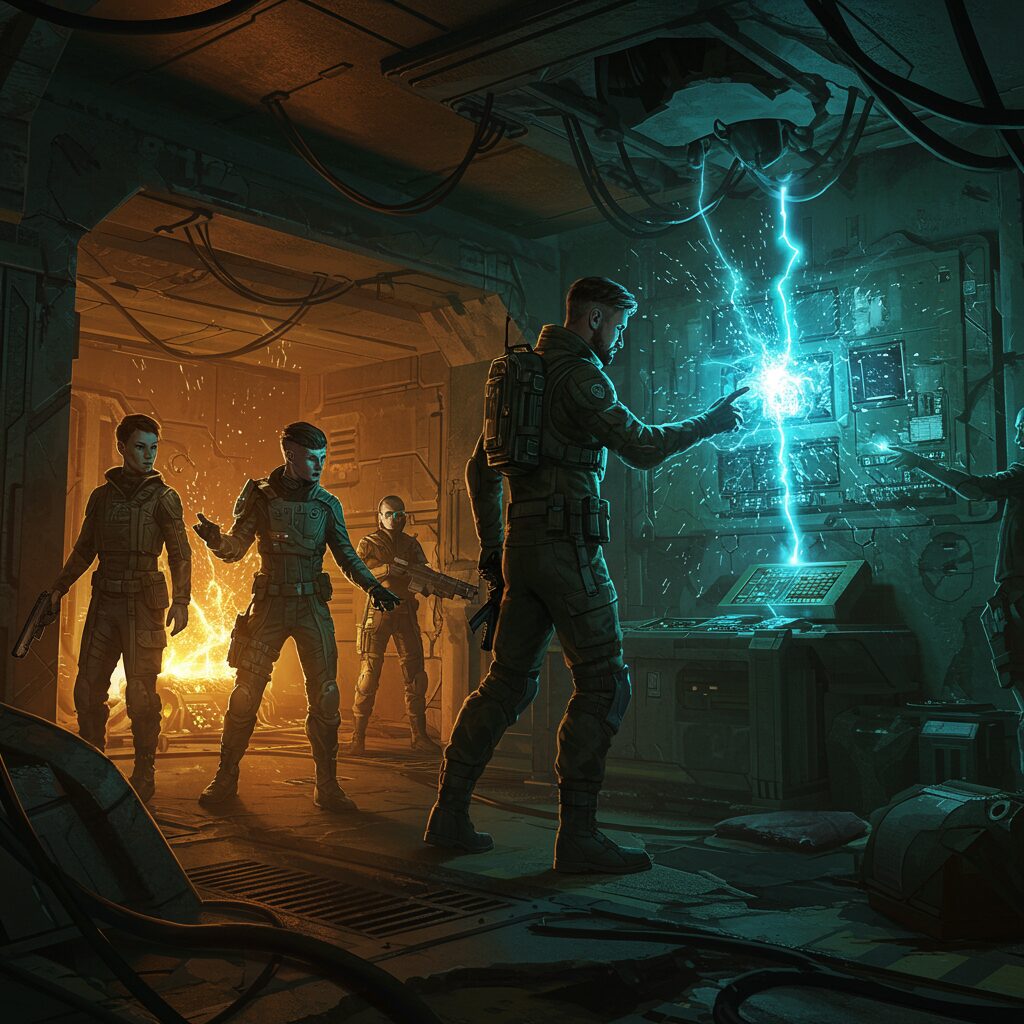 A dramatic scene of sci-fi characters encountering a dangerous mishap while salvaging derelict technology.