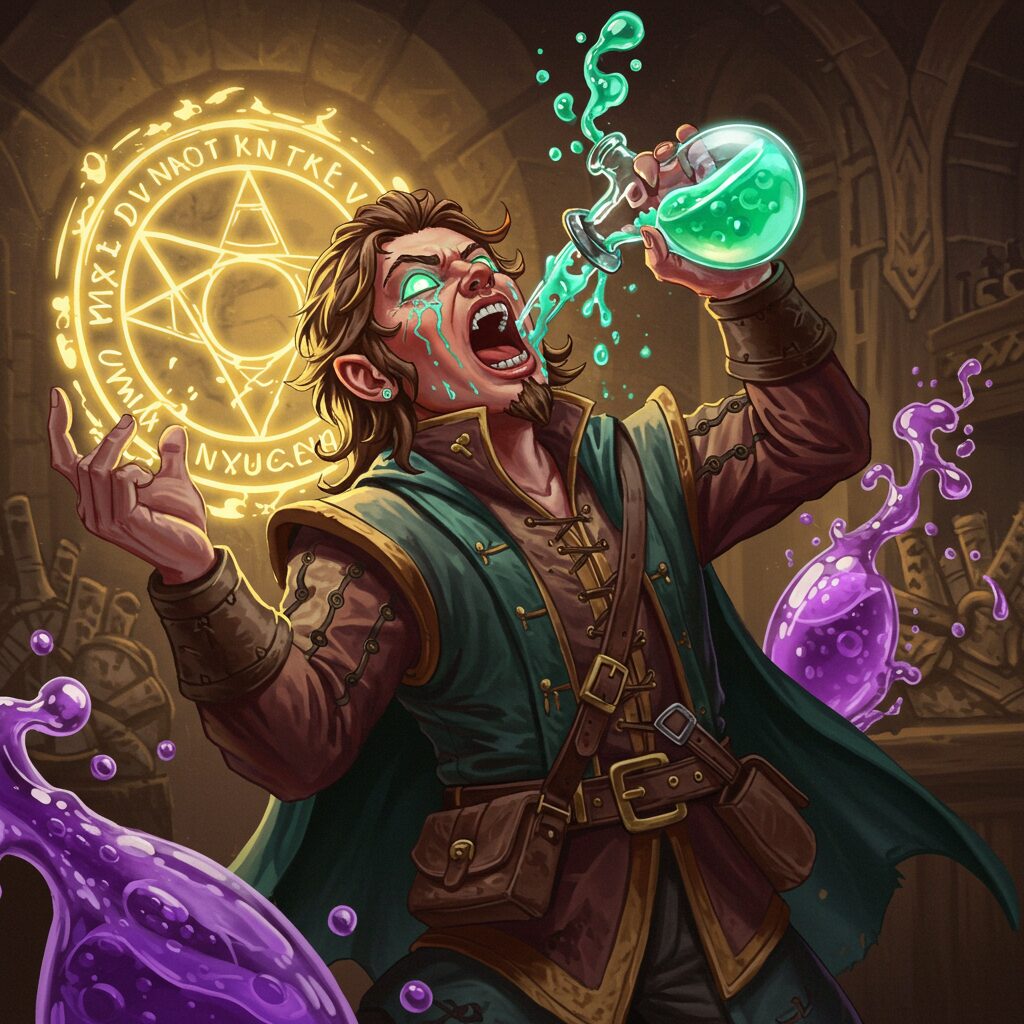 A whimsical and slightly chaotic scene of a D&D character experiencing a potion mishap.