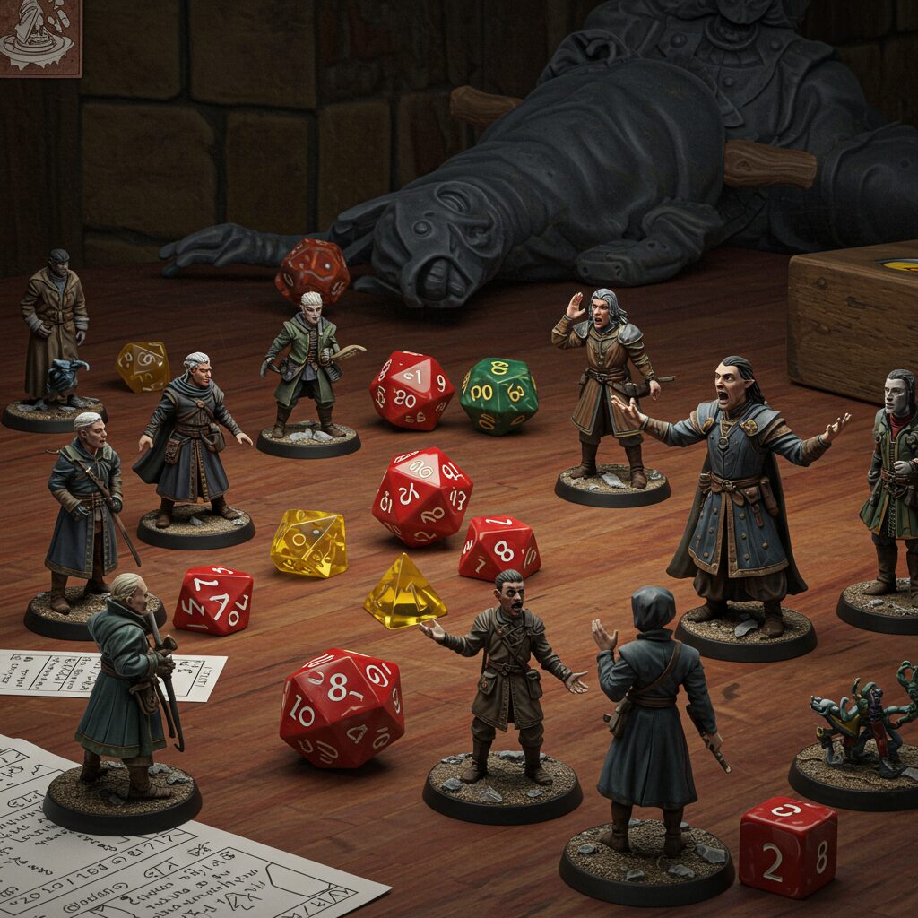 A dynamic image representing the chaos and opportunity arising from a failed social interaction in a TTRPG game.