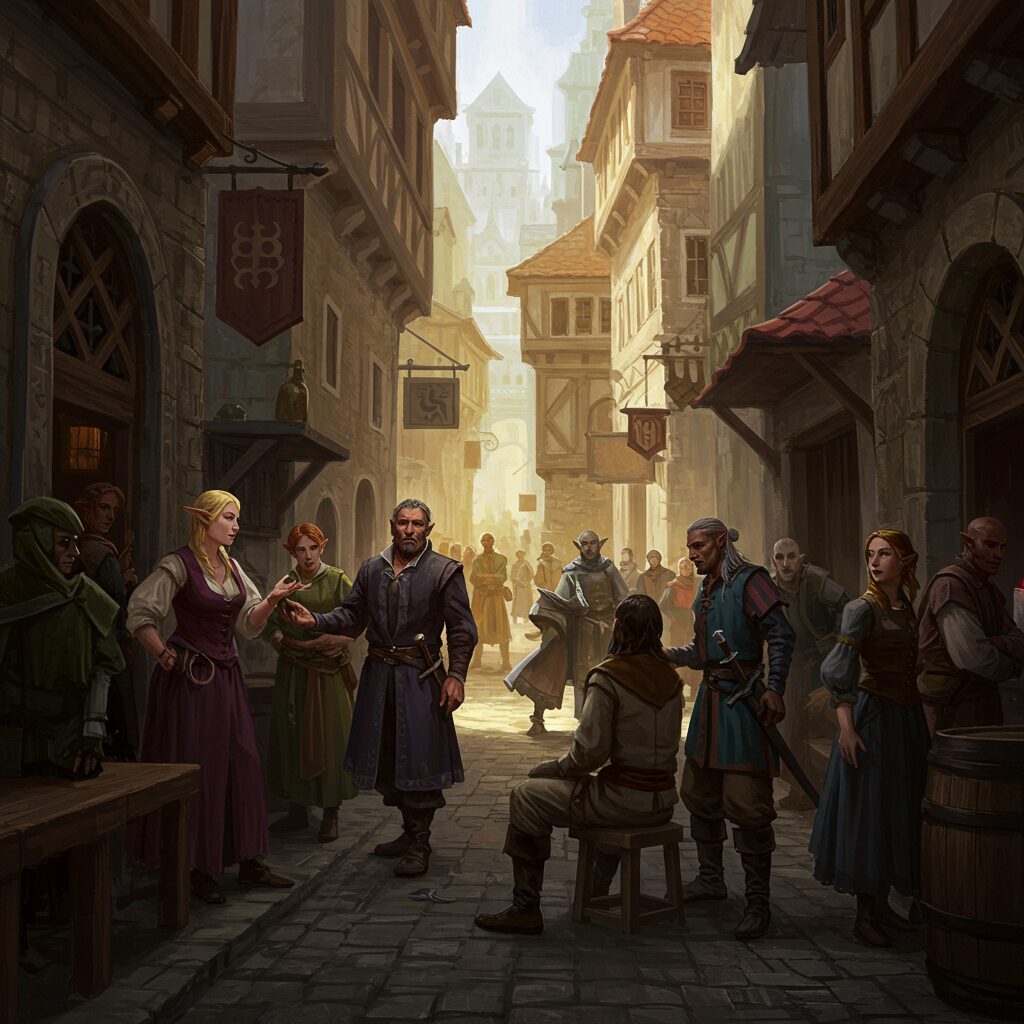 A vibrant city scene with characters facing social dilemmas and intrigue.