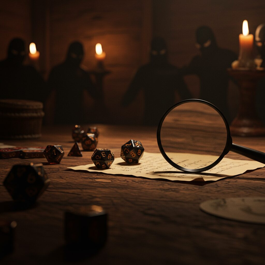 A dramatic hero image representing intrigue, mystery, and tabletop roleplaying games.